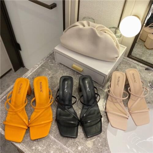 Summer Sandals Med Heel Shoes Sandals Women Narrow Band Vintage Square Toe Women Sandals Elegant Summer Shoes Women Slippers