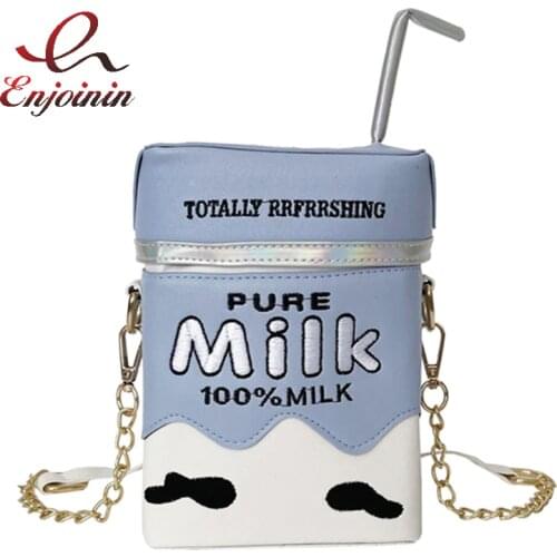 Milk Carton Shape Chain Crossbody Bag for Women Embroidery Fashion Purses and Handbags Girls Shoulder Bag Novel Design Clutch