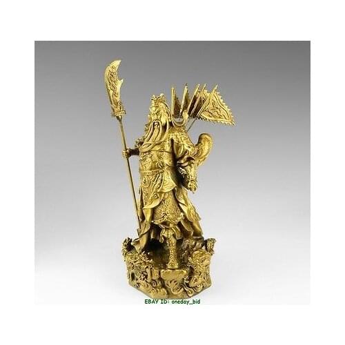 Extra Large Chinese bronze brass Nine Dragon Warrior Guan Gong/ Yu Statue Figure10"H Yellow Decoration 100% Brass Bronze