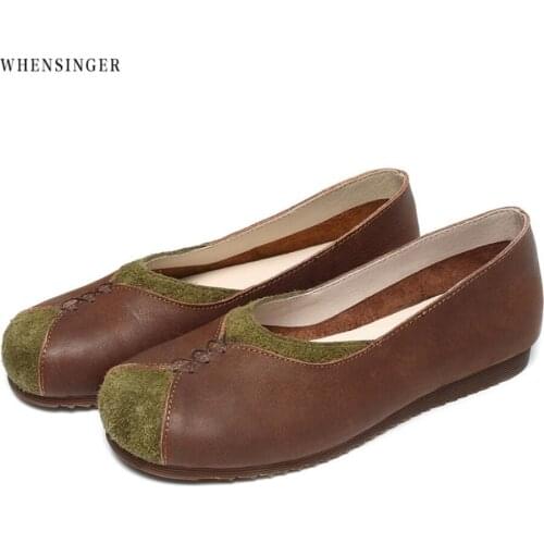 Whensinger - Women Flat Shoes loafers Retro handcraft Genuine Leather Casual Flats Shoe Comfortable Driving shoes Ventilation