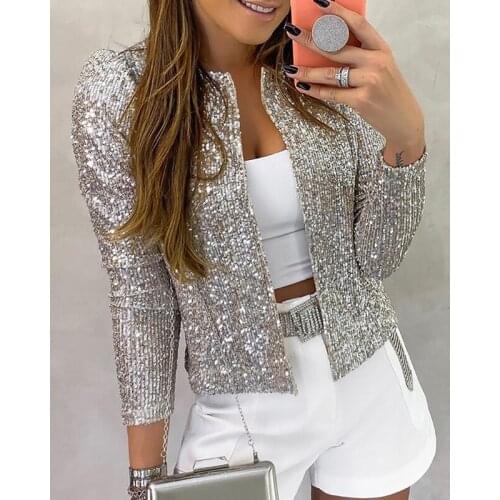 2020 Fashion Sequin Jackets Women Glitter Long Sleeve Short Coats Elegant Spring Outwear Office Ladies Solid Streetwear Jacket