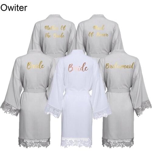 Owiter Rayon Cotton Lace Robes Plus Size Wedding Bath Robe Bridesmaid Bride Dressing Gown Women Sleepwear Maid of Honor Gray