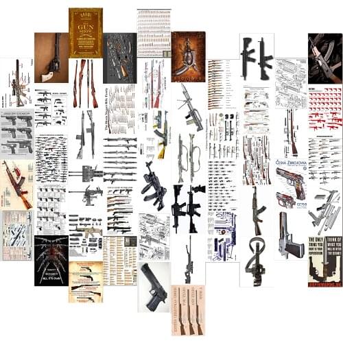 50pcs Modern Firearms Weapons Collection Wall Collage Kit Background Photography Props Postercard Wall Sticker Room Decoration