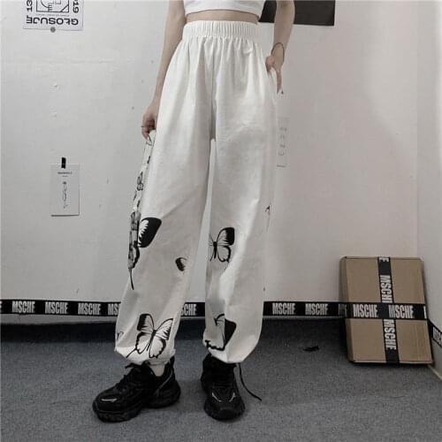 Pants womens white leggings trousers loose butterfly straight wide leg pants high waist student casual pants trend y2k size key