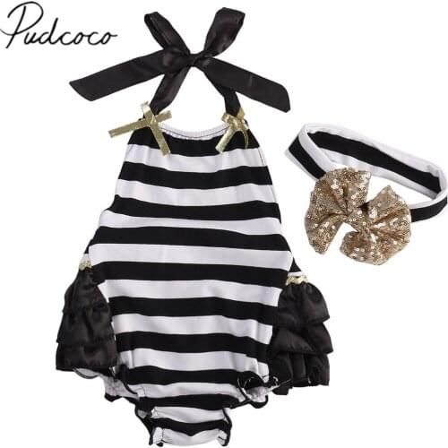 2019 Baby Summer Clothing Toddler Newborn Baby Girl Stripe Ruffle Bodysuit Jumpsuit Bow Headband 2Pcs Set Sunsuit Clothes 0-24M
