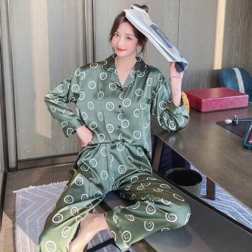 Women Sleepwear Sexy Sleepwear Snow and ice silk Pajama Set Spring Nighty Lapel Imitated Silk Fabric Plus Size Loose Version