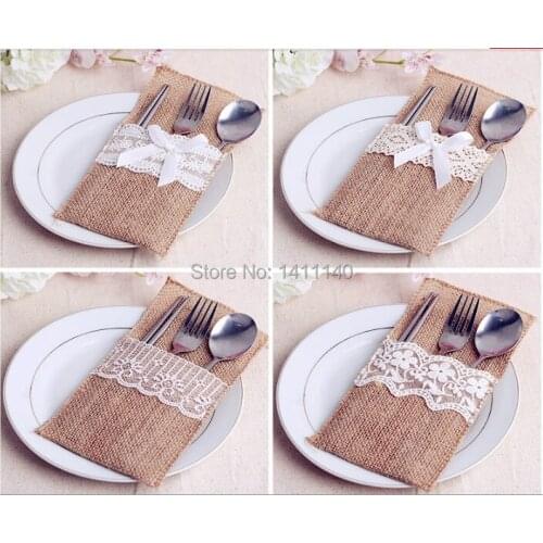Jute Burlap Tableware Pouch with Lace Wedding Party Favor Craft Bags Gifts Bags different style with free shipping