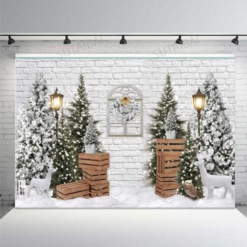 Christmas Winter Backdrop for Photography Xmas Tree Snow White Brick Wall Background Party Decoration Banner Baby Photo Studio