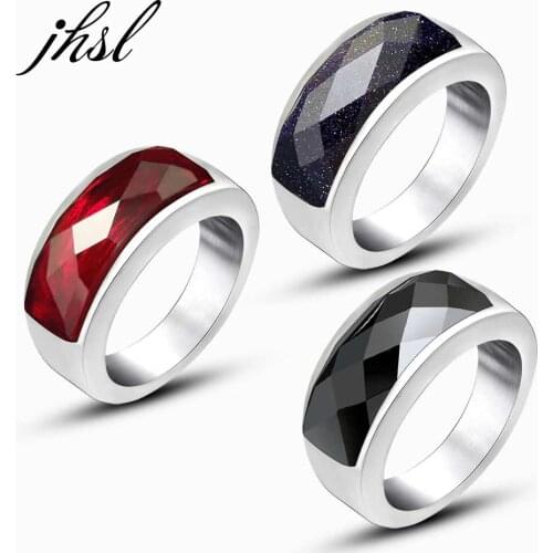 JHSL Red Black Blue Stone Men Rings Silver Color Stainless Steel Fashion Jewelry Gift Wholesale US Large Size 5 6 7 8 9 10