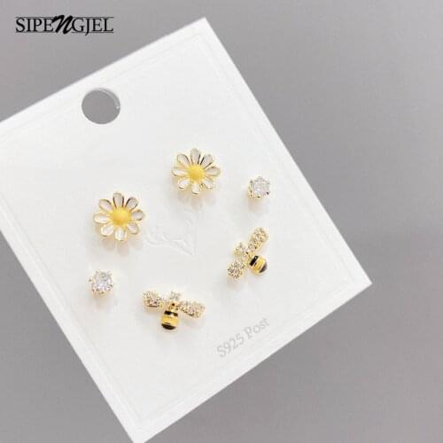 Fashion Brilliant Crystal Zircon Flower Bee Earrings Set For Women Sweet Summer Stud Sets Earrings Hypoallergenic Jewelry 2021