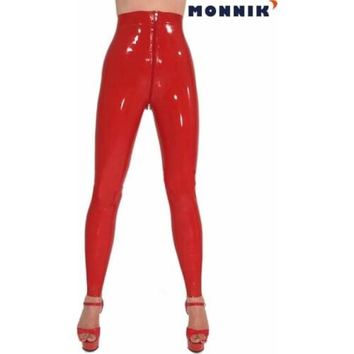 MONNIK latexSexy Latex Women Pants Rubber Leggings Trousers Front Zipper Unique