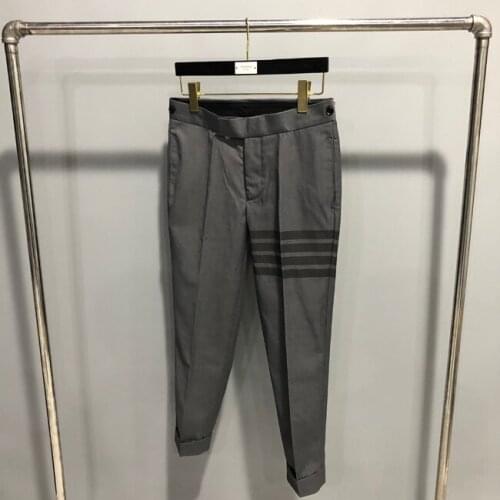 2021 Fashion Brand Cropped Men Casual Cotton Suit Pants Mens Business Striped Gray Spring Autumn Formal Trousers