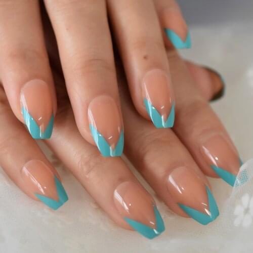 Blue Border Fake Nails In China Nude Color French Style Artificial False Coffin Nail Tips 24 pcs