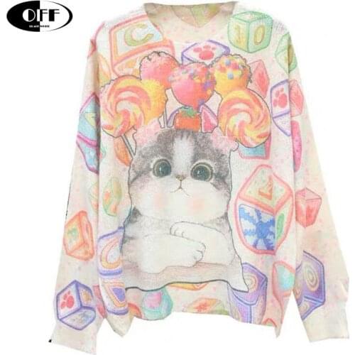 Autumn Winter Casual Sweaters Pullovers Long Sleeve Knitting Kitten Print Loose Sweet Girls Tops Knit O-Neck Cartoons Clothes