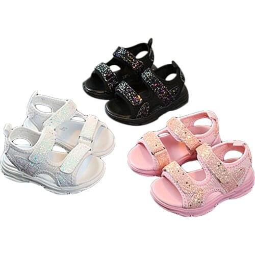 Summer Breathable Little Girls Sandals, Toddlers Sweet Style Sequins Mesh Decoration Soft Sole Non-slip Beach Shoes 9M-3T