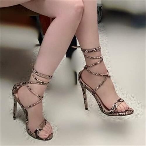 Snake Pattern Stiletto Sandals 2021 Summer Cross Straps Women Shoes High Quality Sexy Nightclub Sandalen Zapatos Mujer