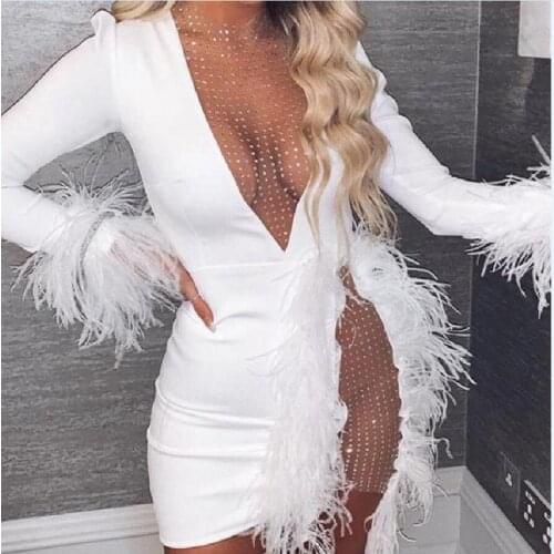 Night club style sexy see-through sheath mini dress lady new style feather spliced fashion sense high waist short dress