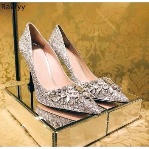 Bling Bling Crystal Decor Silver Woman high heel pointed toe sexy pumps sli-on female dress shoes luxury wedding party shoes