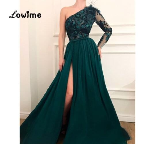 Embroidery One Shoulder Evening Dress High Split Side Green Prom Dresses 2018 Feather Middle East Party Gown Arabic Robe Longue