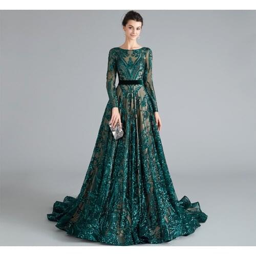 Dark Green Long Sleeves Prom Dresses Sequins dress prom Backless es 2019 evening gowns robe de soiree formal