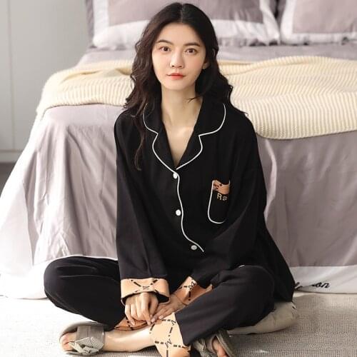 Spring Autumn Cartoon Features Lady Pajamas Set Fresh Leisure Pure Cotton Home Clothes Simple Fashion Cute Style Womens Nightie