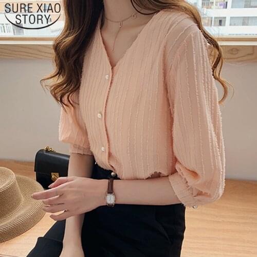 New Fashion Chiffon V-neck Short Sleeve Women Tops and Blouses Solid Office Lady Button Striped Ladies Tops Summer 5010 50
