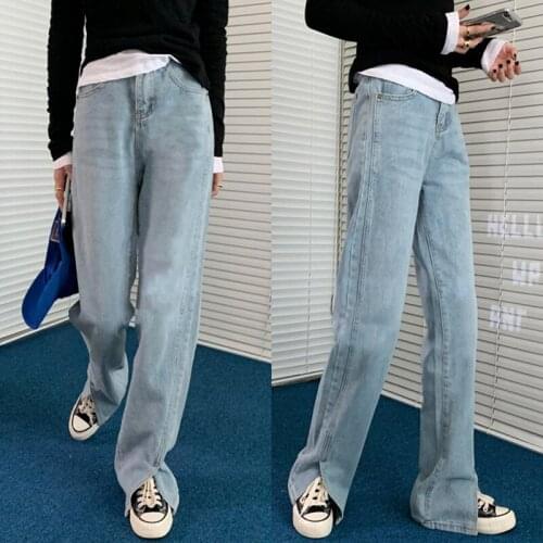 WomenS Split, Thin, All-Match Wash Straight-Leg Jeans, High-Waisted, Wide-Leg, Mopping Pants, Blue
