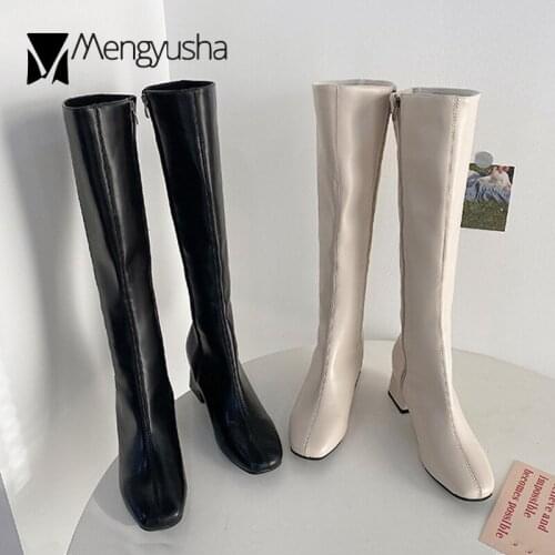 Knee-high boots female solid pu leather shoes woman sewing square toe motorcycle botas chunky high heels long tube knight bottes