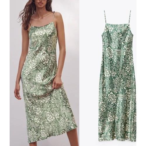 Za Dresses Women 2021 Green Floral Print Midi Summer Dress Fashion Sexy Flowy Neck Spaghetti Straps Backless Party Female Dress