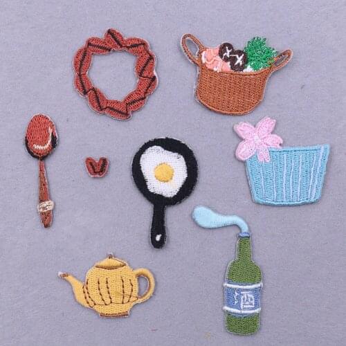 2PCS DIY Patches Cartoon Fried Egg Hairband Wine Bottle Basket Embroidery Applique for Clothing Iron on Patch Women Clothes