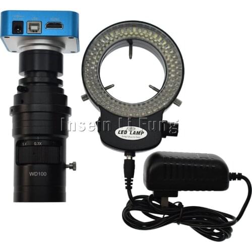 20MP HDMI Video Microscope Camera+10X-200X Adjustable Magnification Zoom C-mount Lens Working Distance 100-150mm+144 LED Light