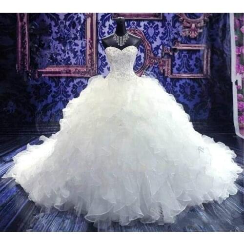 Beaded Embroidery Ball Gown Wedding Dresses Princess Gown Corset Sweetheart Organza Ruffles Cathedral Train Bridal Gowns