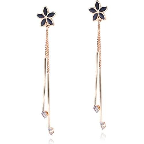 Black FLOWER CZ Long Chain Drop Earrings For Women Stainless Steel Rose Gold Color party Ear Jewelry Gift Drop Shipping