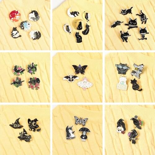 Custom Animal couple Witch Cat Enamel Pin Brooches Bag Lapel Pin Sun Moon Fox Koi Rabbit Bat Moth Gothic moon Badge Jewelry Gift