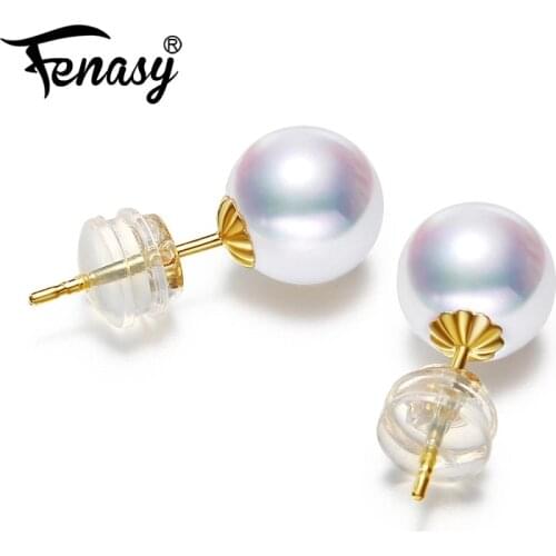 FENASY 18K Gold earrings pearl Jewelry 6-7mm round Pearl classic yellow gold earrings for women gift box brand party earrings