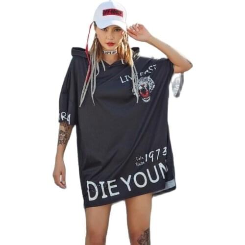 Summer New Fashion Funny Black Tiger T Shirts For Women Short Sleeve Long Hooded Tee Shirts Women Tops Hip Hop Streetwear