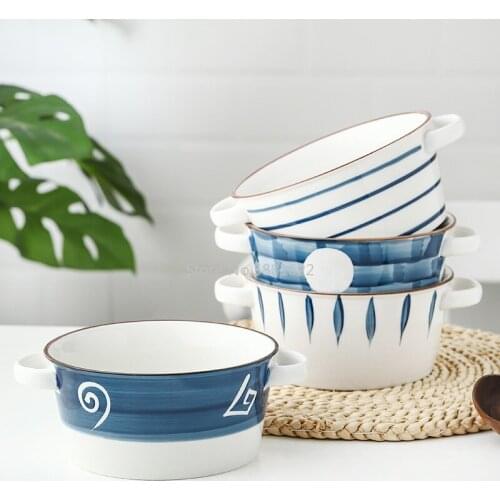 Ceramic Binaural Soup Bowl Japanese Creative Bowl Household Underglaze Noodle Bowl Baking Bowl Dessert Bowl Ceramic Tableware