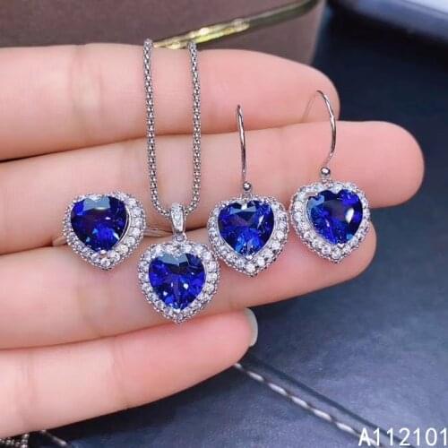 KJJEAXCMY fine Jewelry 925 sterling silver inlaid natural sapphire classic pendant ring earring set support test Chinese style