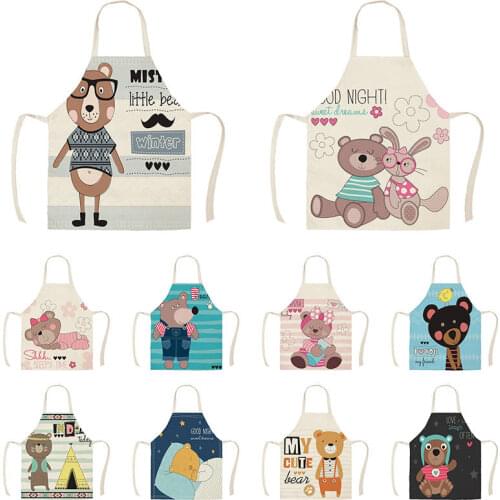 Cartoon Lovely Bear Kitchen Aprons for Women Cotton Linen Bibs Household Cleaning Accessories Cooking Apron WQTX54