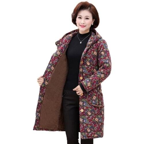 2020 Middle-aged and Elderly Womens Cotton Coat Retro Single-breasted Hooded Plush Thick Warm Jacket Women Parka Outwear 6XL