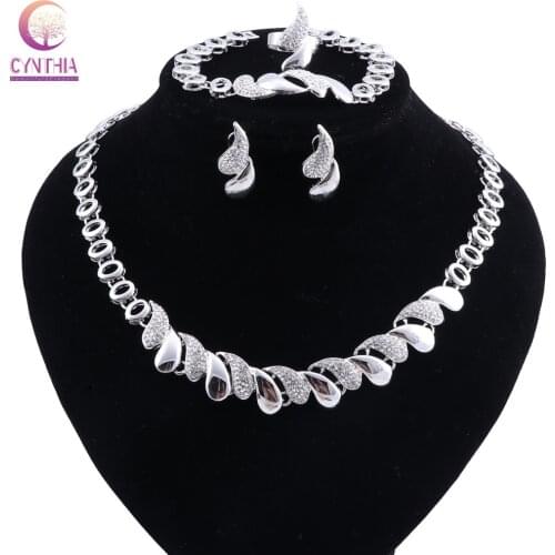 Fashion Vintage Crystal Silver Plated African Bridal Costume Jewelry Sets Nigerian Wedding Water Drop Necklace Earrings Set