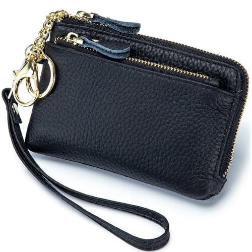 New Genuine Cowhide Leather Women Wallets Female Coin Purse Small Zipper Money Bags Lady Pouch Card Holder With Key Ring