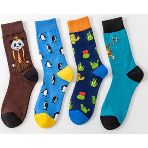 Autumn Winter Men Women Happy Funny Stocking Cotton Panda Penguin Cactus Tiger Men Socks Antifriction Breathable Socks