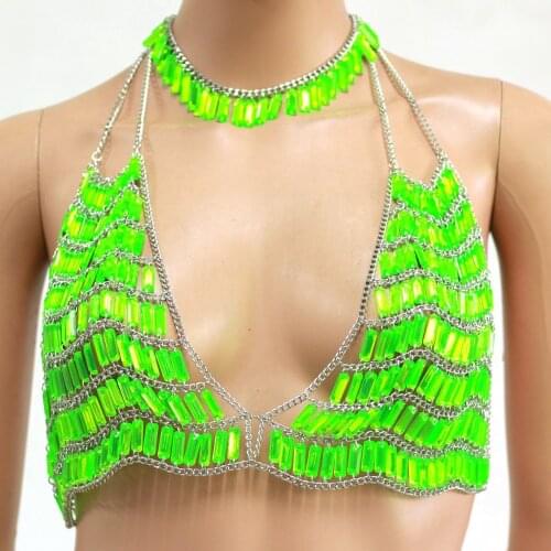 Chran Sexy Crystal Gem Bead Crop Tanks Tops Chain Bra Choker Necklace Fluorescent Green Camis Festival Outfit Jewelry CRS492