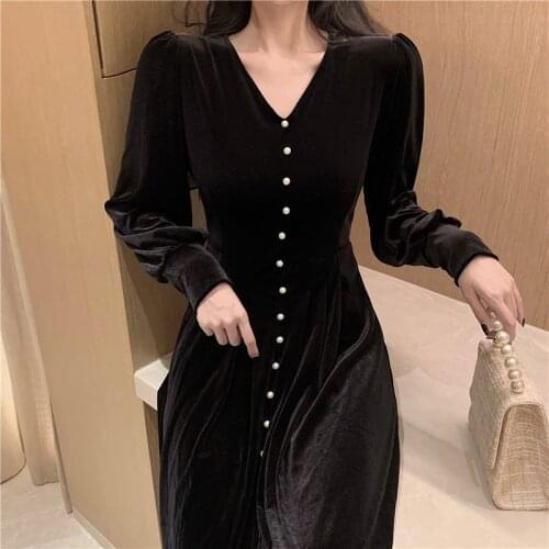 French Vintage Elegant Dress Women V-neck Chic Puff Sleeve Office Lady Female Korean Style 2020 Autumn Womens Clothing
