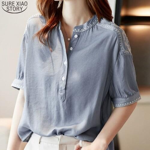 Casual Vintage Solid Women Blouse and Tops 2021 Summer Cotton Short Sleeve Women Shirts Plus Size Loose Female Clothing 14450