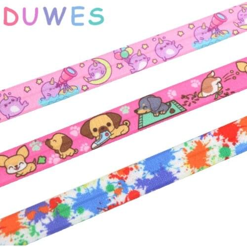DUWES 5/8'' 50yards narwhal dog art paint printed Fold Elastic FOE stretch ribbon hairbow headwear headband DIY Wholesale D967