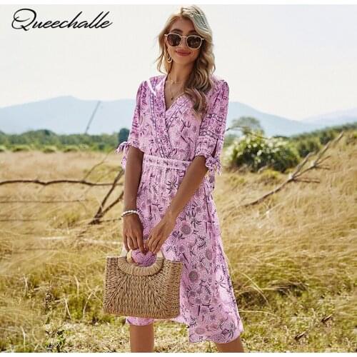 Holiday Style Midi Dress Womens Vintage Floral Casual Elegant Dress 2021 Summer V neck Elastic Waist A-line Dress for Woman