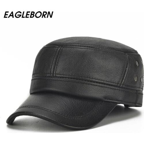 Middle-aged Elderly Dad Hat Men Winter Hat Army Hat Warm Earmuffs Flat Top Cowhide Warm Hat Earmuffs Leather Military Cap Hats