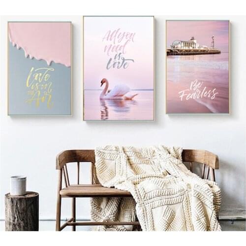 Nordic Canvas Pink Flamingo Nordic View Lake Wall Art Home Decor Module Living Room Kid Bedroom Nordic Home Decor Painting